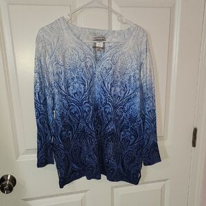Alfred Dunner Navy and White Paisley Long Sleeve Top
